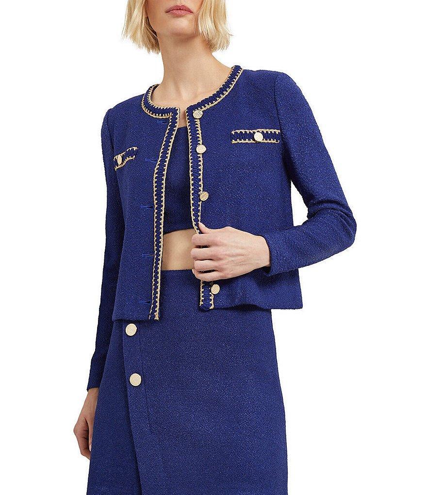 MISOOK Boucle Knit Round Neck Long Sleeve Braided Trim Button Front Jacket Product Image