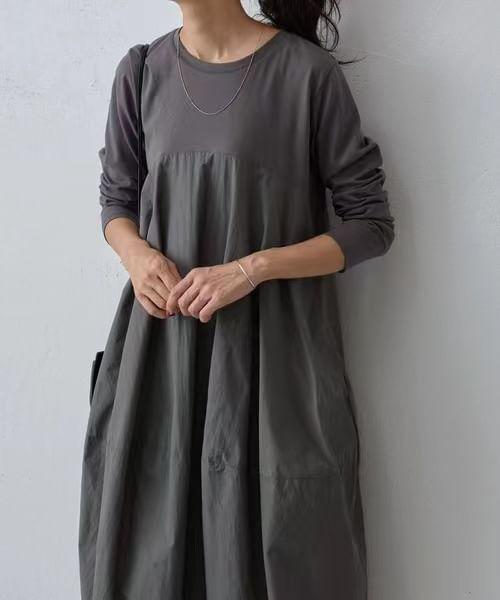 Long-Sleeve Crew Neck Plain Midi Smock Dress Product Image