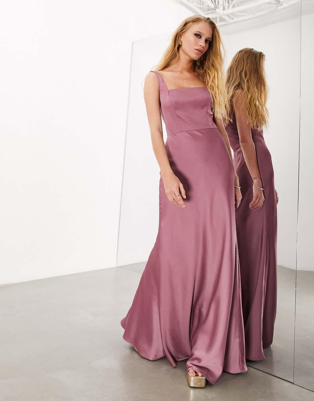 ASOS DESIGN Bridesmaid satin square neck maxi dress in orchid product image