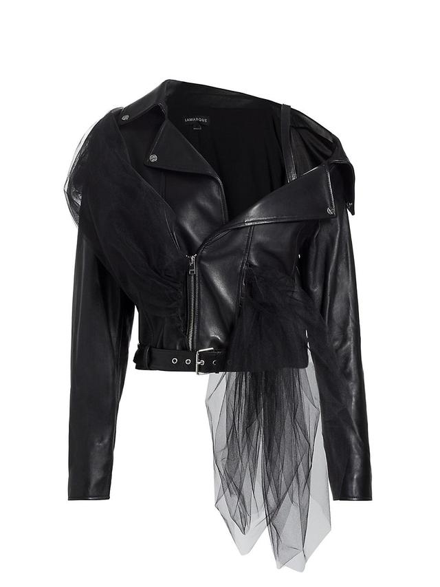 Womens Draped Tulle Leather Biker Jacket Product Image