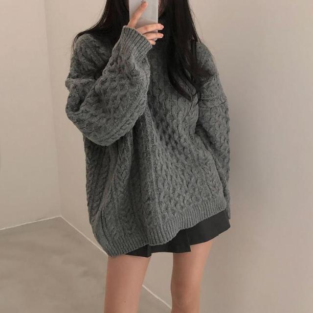 Turtleneck Plain Cable-Knit Oversized Sweater Product Image