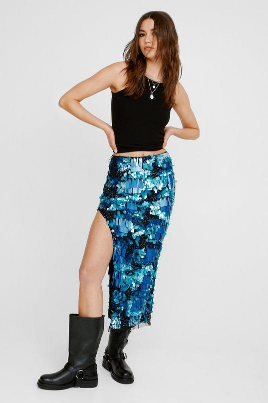 Mixed Sequin Leg Slit Midi Skirt product image