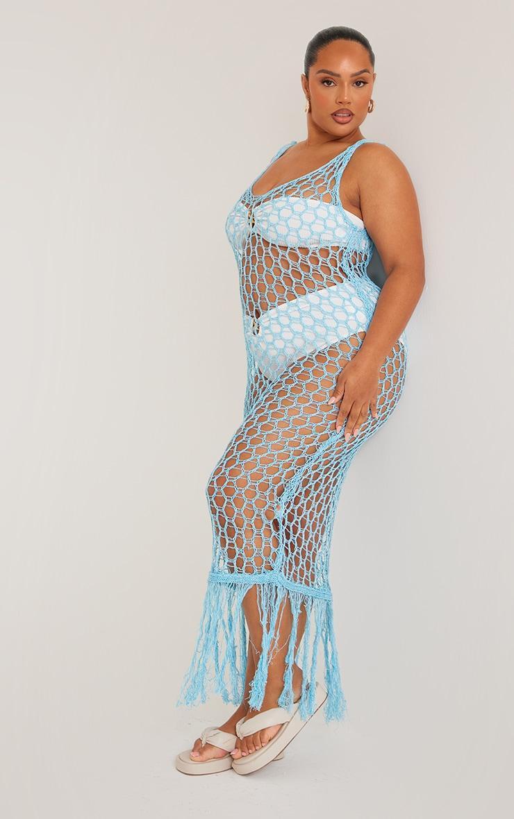 Plus Blue Fishnet Knitted Maxi Dress Product Image