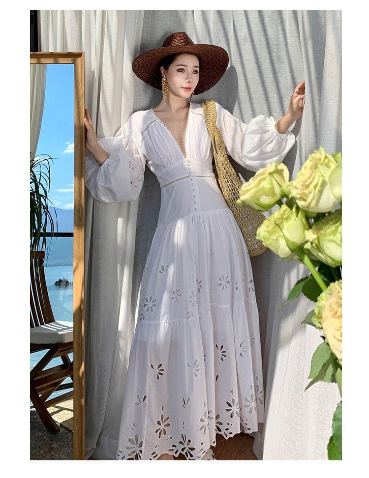 Long Sleeve V-Neck Plain Embroidered Eyelet Button Maxi A-Line Dress Product Image