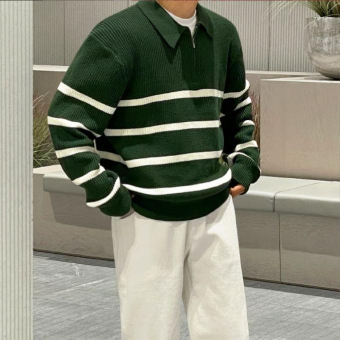 Collar Striped Ribbed Sweater Product Image