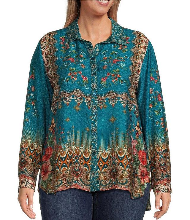 John Mark Plus Size Printed Point Collar 3/4 Roll-Tab Sleeve Button-Front Tunic Product Image