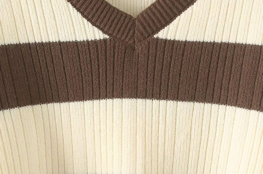 V-Neck Striped Drawstring Ribbed Sweater Product Image