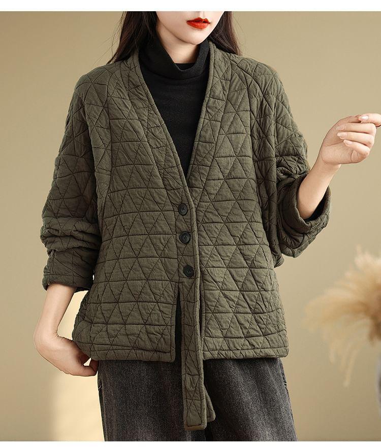 V-Neck Plain Quilted Kimono Jacket Product Image