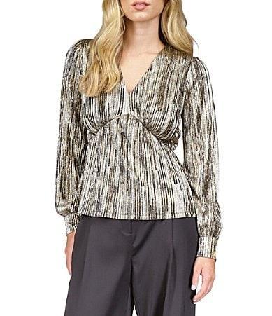 MICHAEL Michael Kors Stripe Foil Metallic V-Neck Long Sleeve Top Product Image