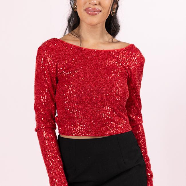 Tidings To You Red Smocked Back Sequin Top Product Image