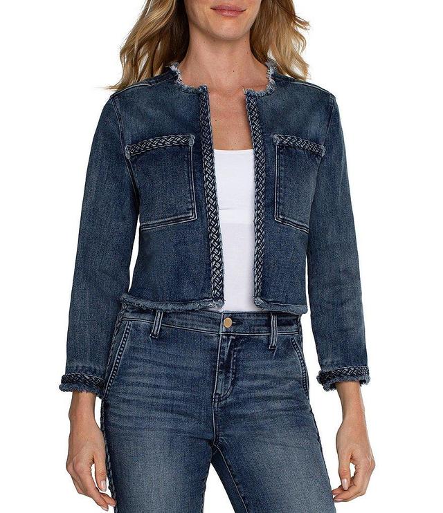 Liverpool Los Angeles Collarless Round Neck Frayed Hem Long Sleeve Braid Detail Patch Pocket Denim Jacket Product Image