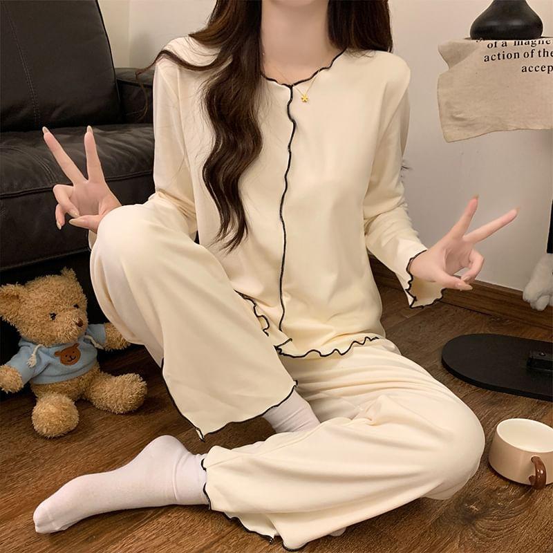 Pajama Set: Long-Sleeve Crew Neck Contrast Trim Lettuce Edge T-Shirt + Pants Product Image