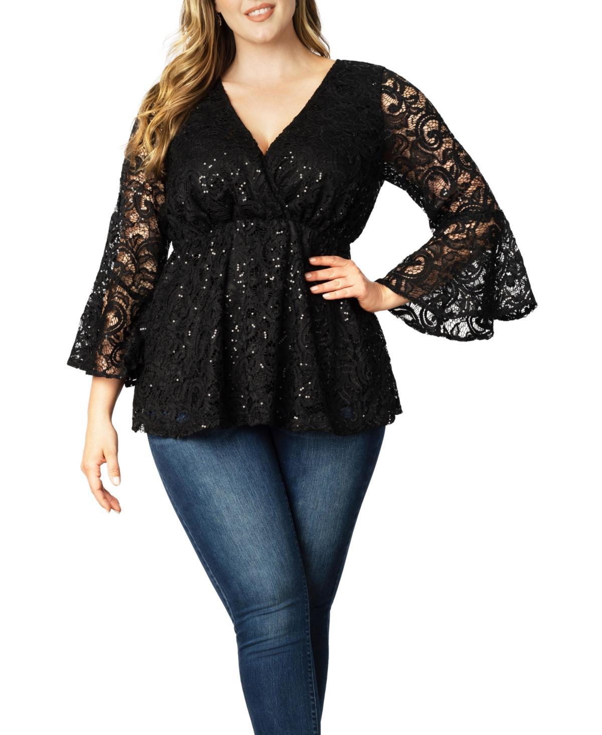 Womens Sequin Sparkle Bell-Sleeve Lace Blouse Product Image