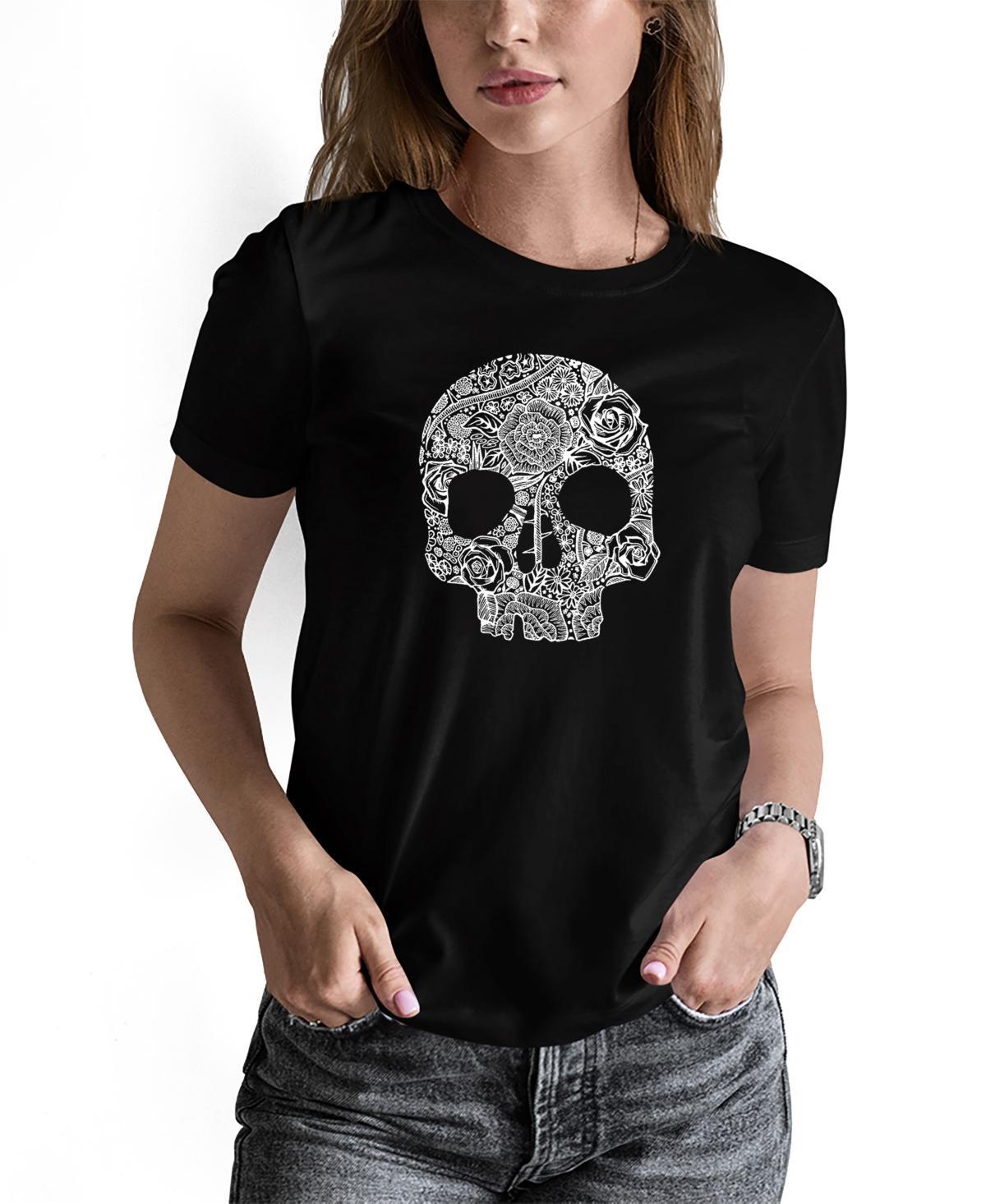 La Pop Art Womens Word Art Flower Skull Short Sleeve T-shirt Product Image