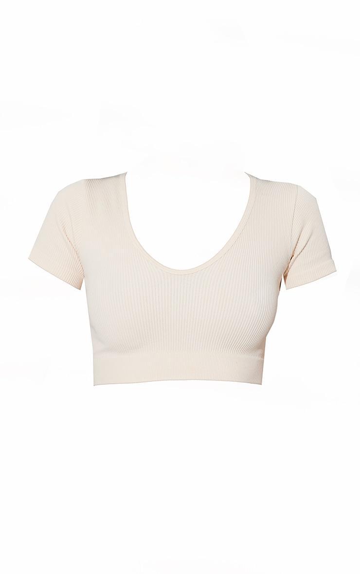 Ecru Snatched Rib V Neck Band Short Sleeve Crop Top Product Image