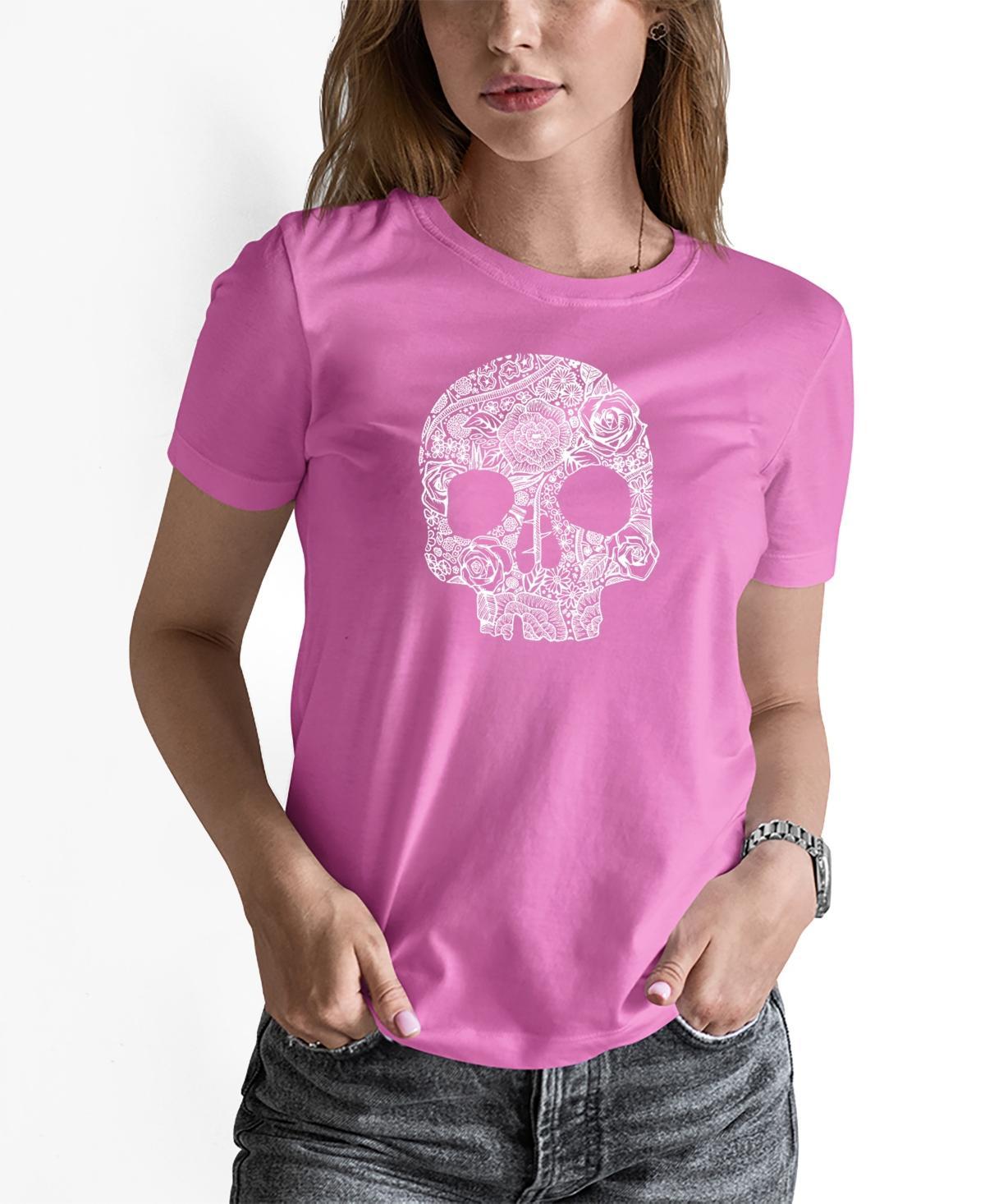 La Pop Art Womens Word Art Flower Skull Short Sleeve T-shirt Product Image