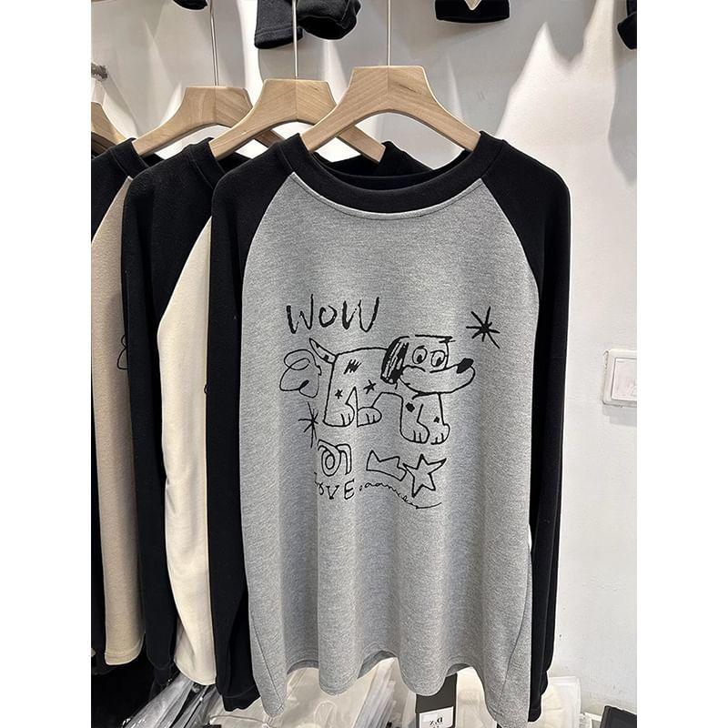 Long Sleeve Crew Neck Cartoon Dog Print Raglan T-Shirt Product Image