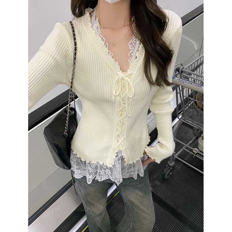 V-Neck Plain Lace-Up Ribbed Lettuce Edge Sweater / Floral Lace Halter Top Product Image