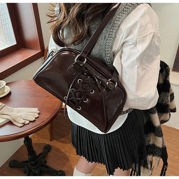 Lace-Up Faux Leather Bowler Bag Product Image