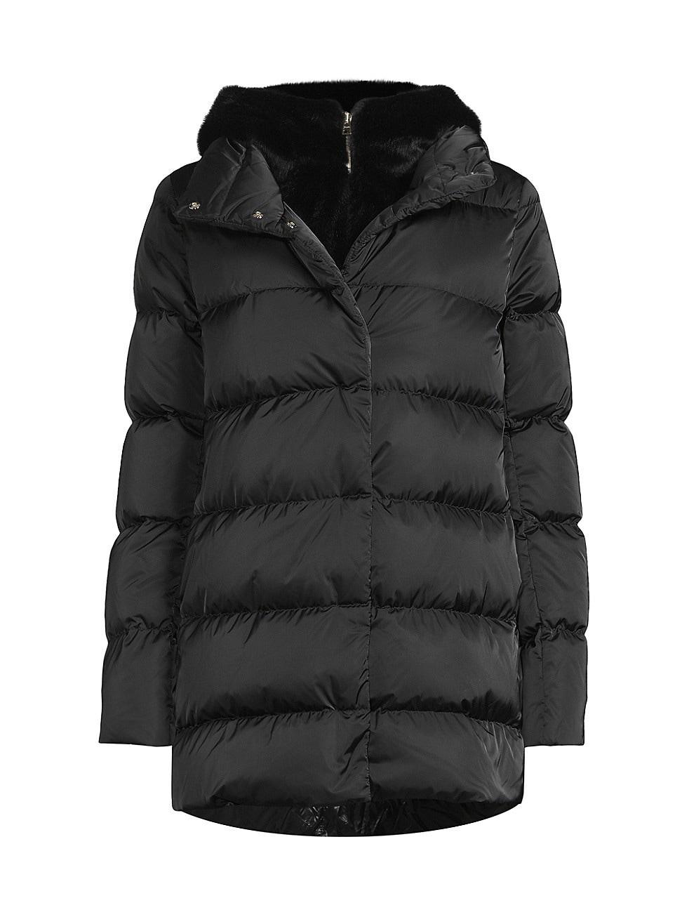 Womens Sateen Faux-Fur Down Puffer Coat Product Image