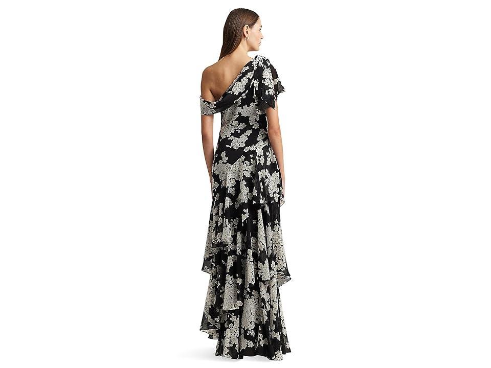 Lauren Ralph Lauren Floral Georgette One-Shoulder Gown Cream) Women's Dress Product Image