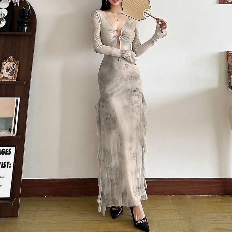 Long-Sleeve V-Neck Cutout Plain Sheer Maxi Sheath Dress Product Image