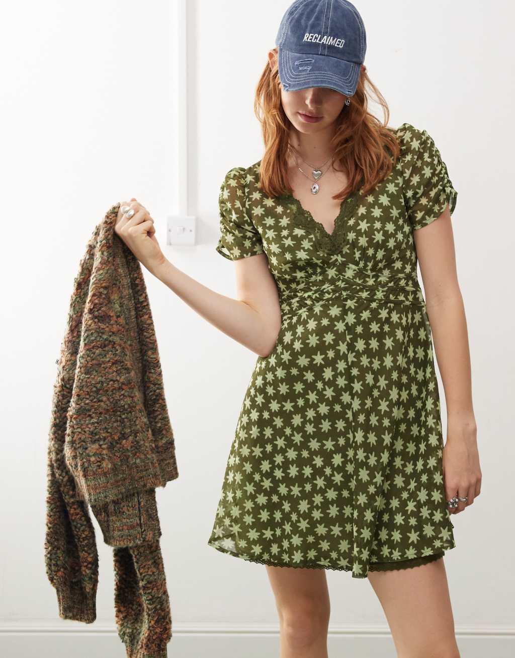 Reclaimed Vintage mini tea dress in green print Product Image