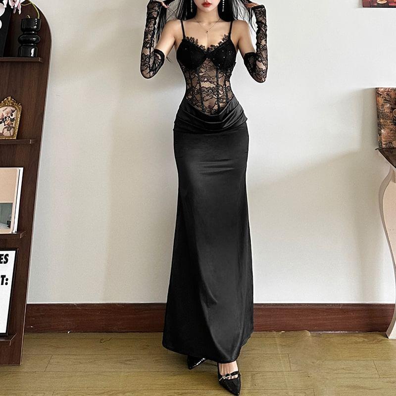 Spaghetti Strap V-Neck Mesh Maxi Sheath Dress Product Image