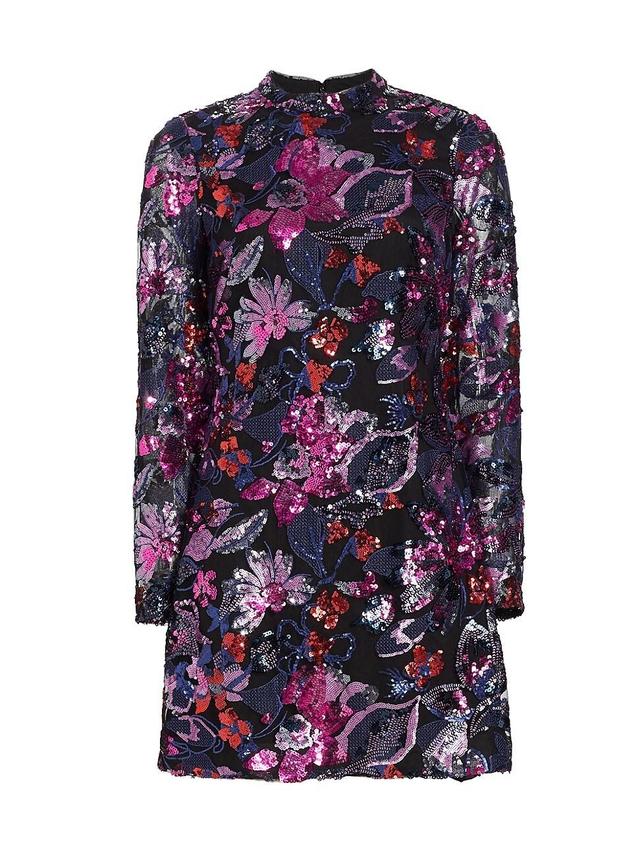 Womens Long-Sleeve Sequin Floral Minidress Product Image