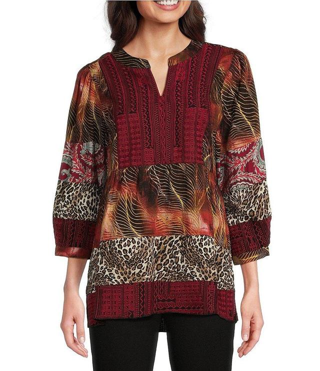 Calessa Embroidered Patchwork Print Split Round Band Collar 3/4 Sleeve Tunic Product Image