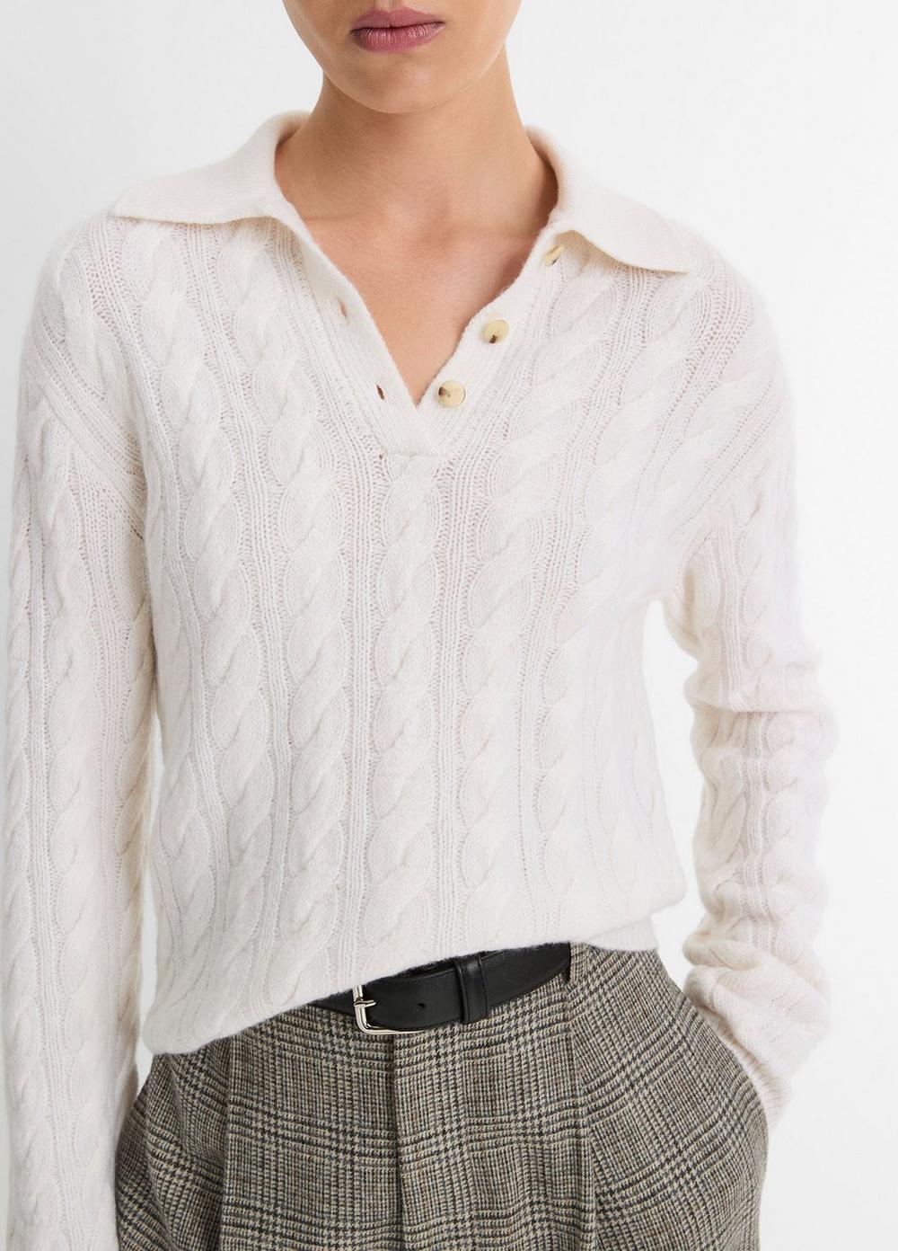 Womens Cable-Knit Wool-Blend Polo Sweater, Off White, Size M Vince Product Image