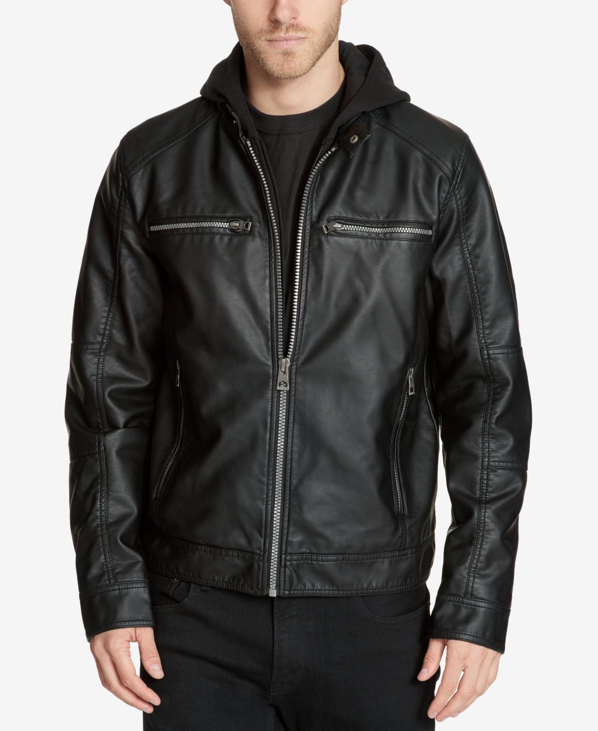 Guess Mens Faux-Leather Detachable-Hood Motorcycle Jacket Product Image