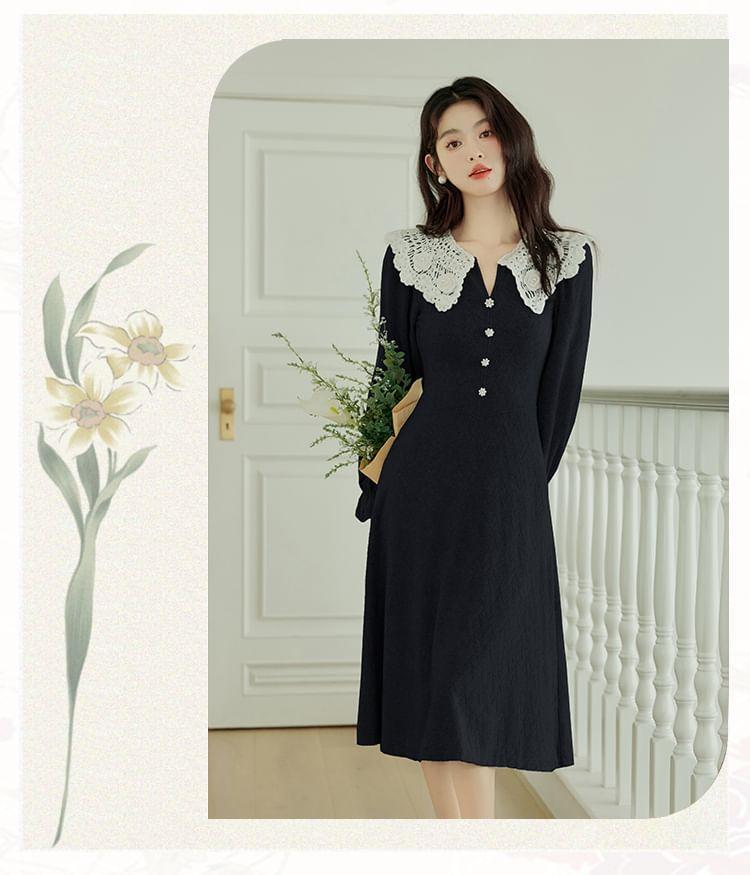 Long Sleeve Crochet Collar Faux Pearl Button Maxi A-Line Dress Product Image