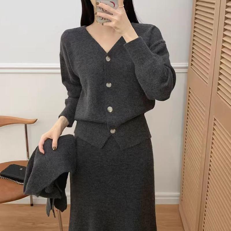 Set: V-Neck Plain Cardigan + Shawl + High Rise Knit Midi A-Line Skirt Product Image