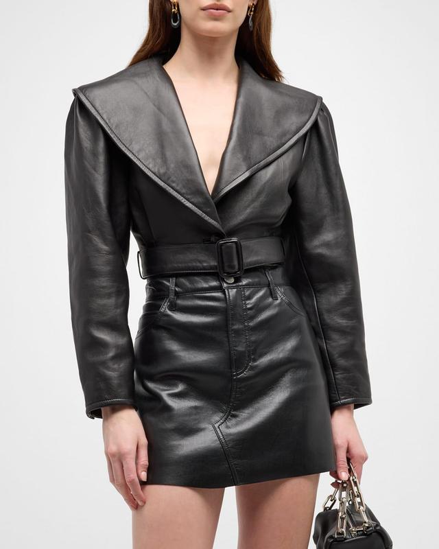 Womens Crop Belted Leather Jacket Product Image