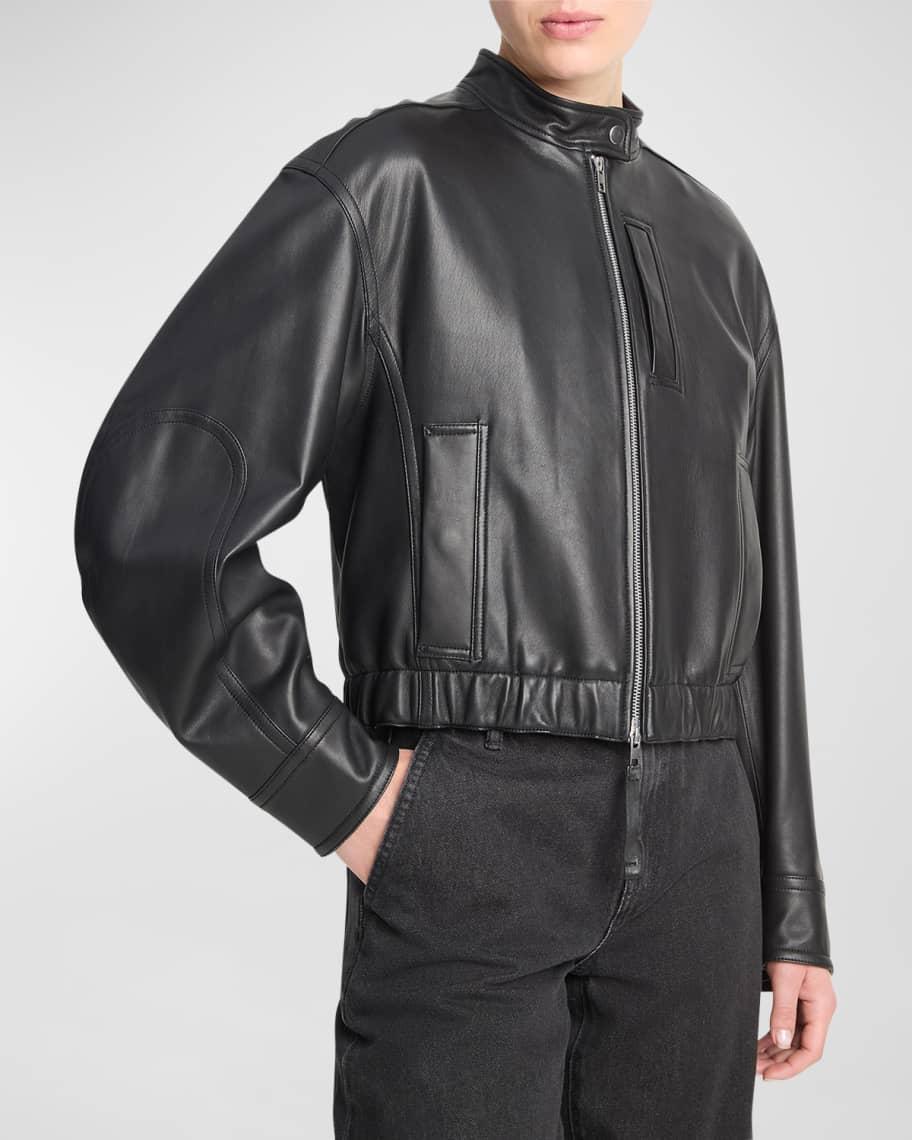 Lambskin Leather Cropped Bomber Jacket Product Image