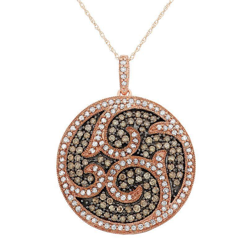 1 1/2 Carat T.W. Brown and White Diamond 10k Rose Gold Scrollwork Pendant Necklace, Womens Product Image