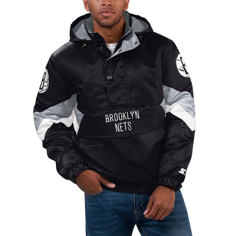 Mens Starter Black Brooklyn Nets Force Play Satin Hoodie Half-Zip Jacket Product Image