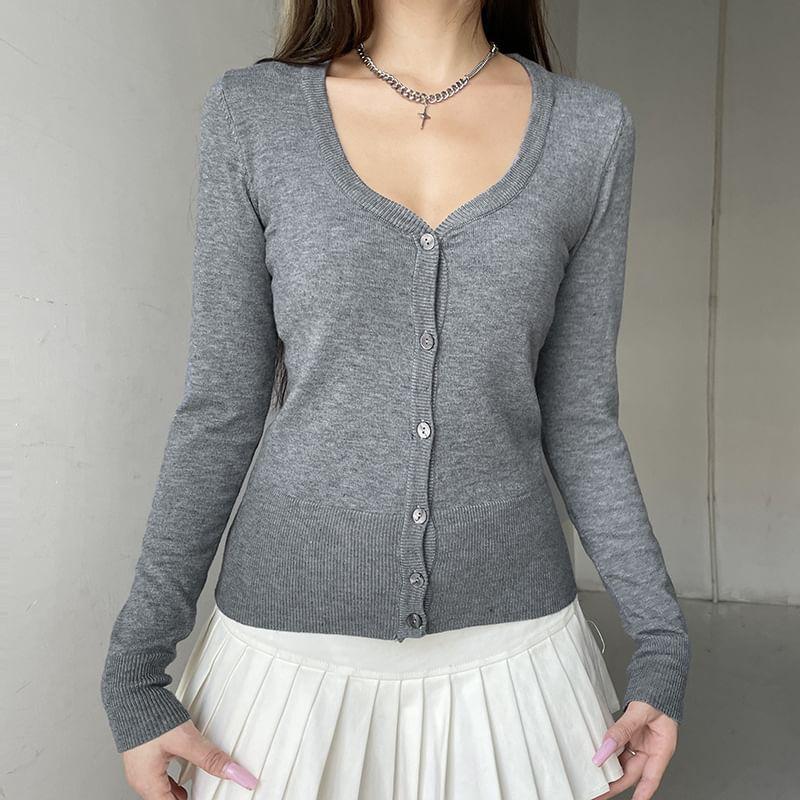 Long-Sleeve V-Neck Button-Up Plain Knit Top Product Image