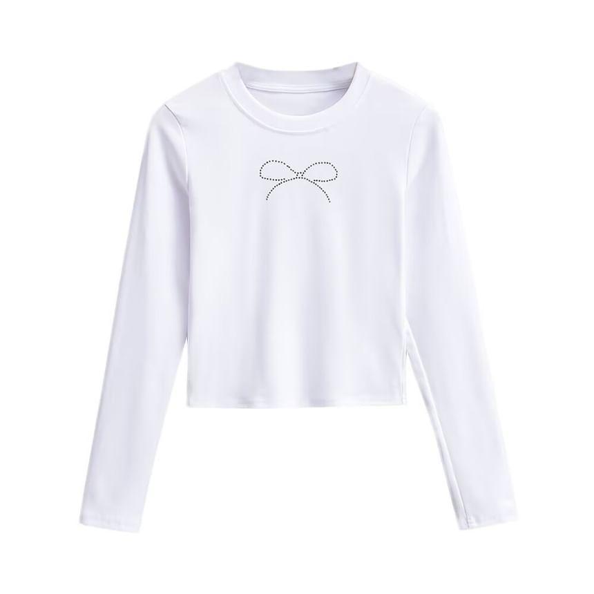 Long-Sleeve Round Neck Bow Rhinestone Slim Fit Crop Tee Product Image