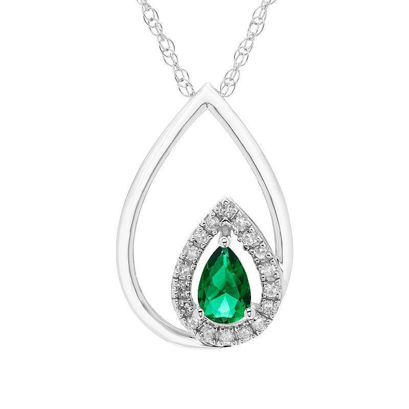 Boston Bay Diamonds Sterling Silver Diamond Accent & Lab-Grown Gemstone Pear Shape Pendant Necklace, Womens Green Product Image