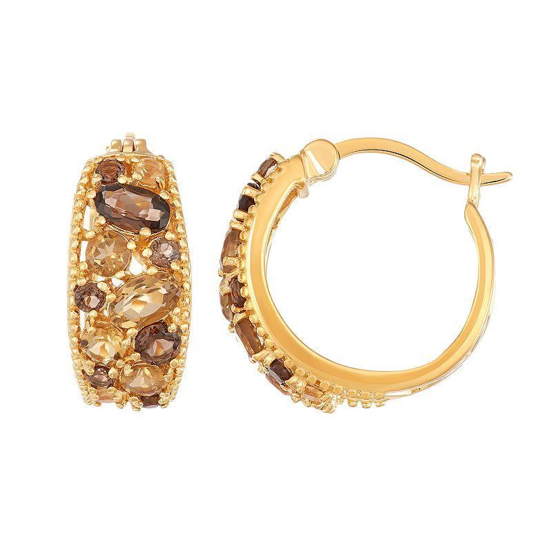 14k Gold Over Silver Cognac & Smoky Quartz Cluster Hoop Earrings, Womens, Gold Tone Product Image