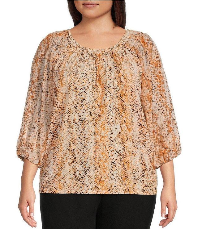 Calvin Klein Plus Size Snakeskin Print Mixed Media Scoop Neck 3/4 Blouson Raglan Sleeve Blouse Product Image