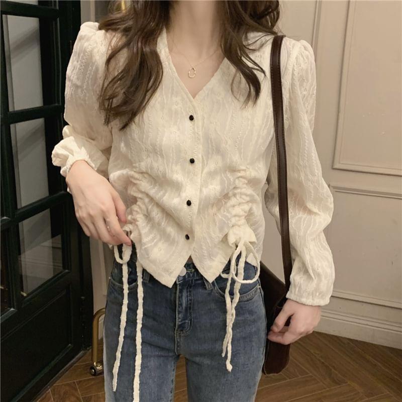 Long-Sleeve V-Neck Drawstring Lace Blouse Product Image