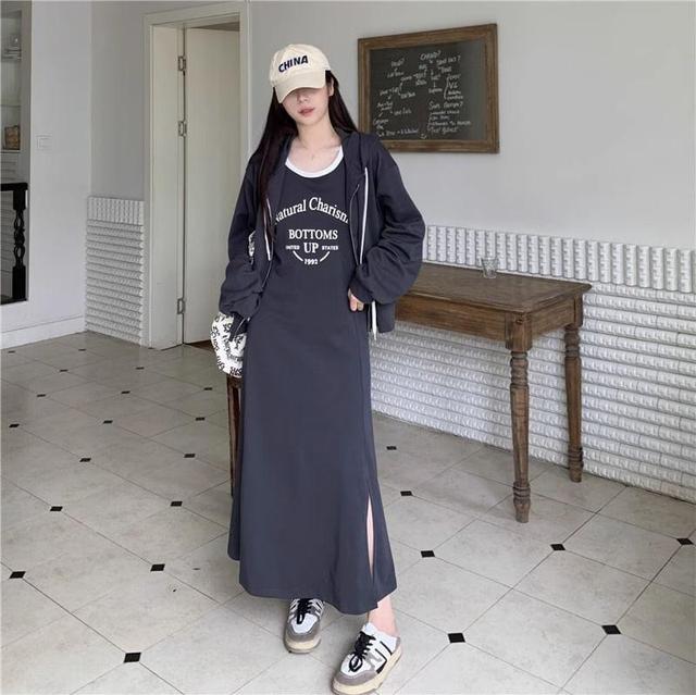 Set: Sleeveless Scoop Neck Lettering Slit Midi A-Line Dress + Drawstring Zip Hoodie Product Image