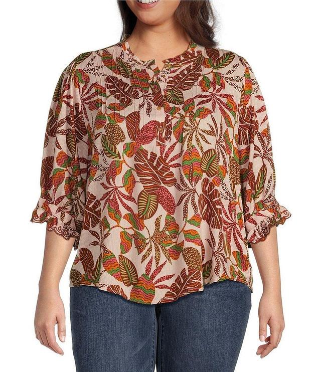 Democracy Plus Size Embroidered Leaf Print Round Ruffle Neck Elbow Sleeve Pintuck Woven Top Product Image