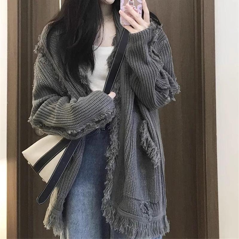 Fringe Plain Open Front Cardigan Product Image