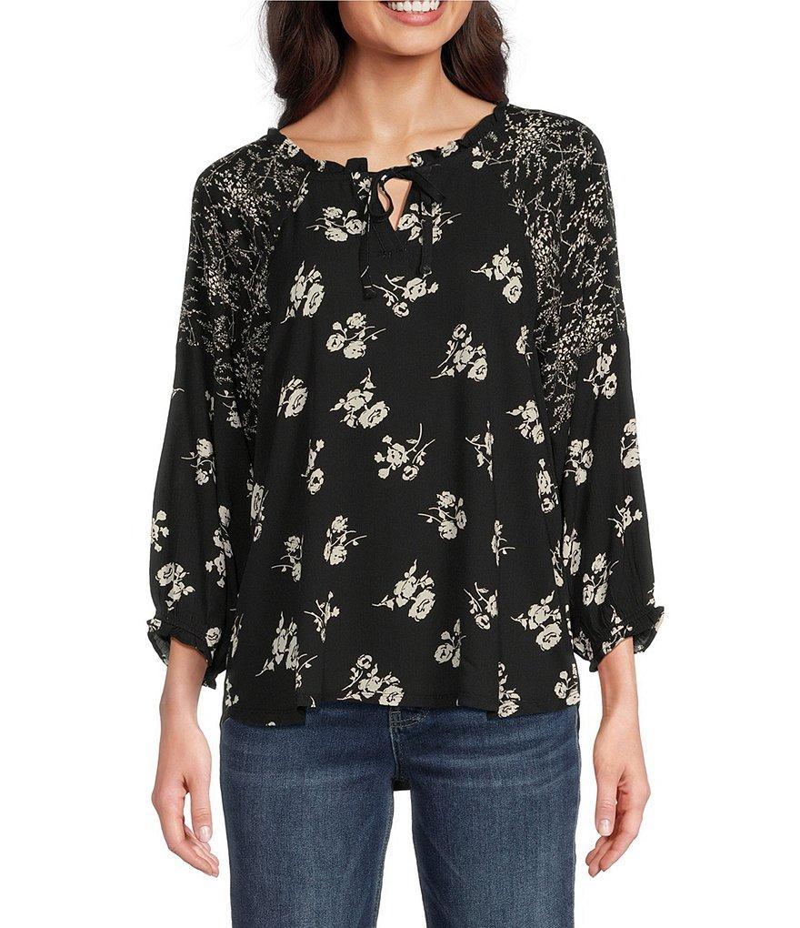 Leo & Nicole Woven Floral Mixed-Print Split Round Tie Neck 3/4 Dolman Sleeve Top Product Image