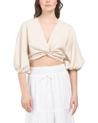 Linen Blend Twist Front Crop Top for Women Product Image