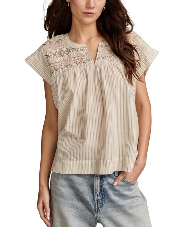 Lucky Brand Womens Cotton Striped Smocked Popover Blouse Product Image